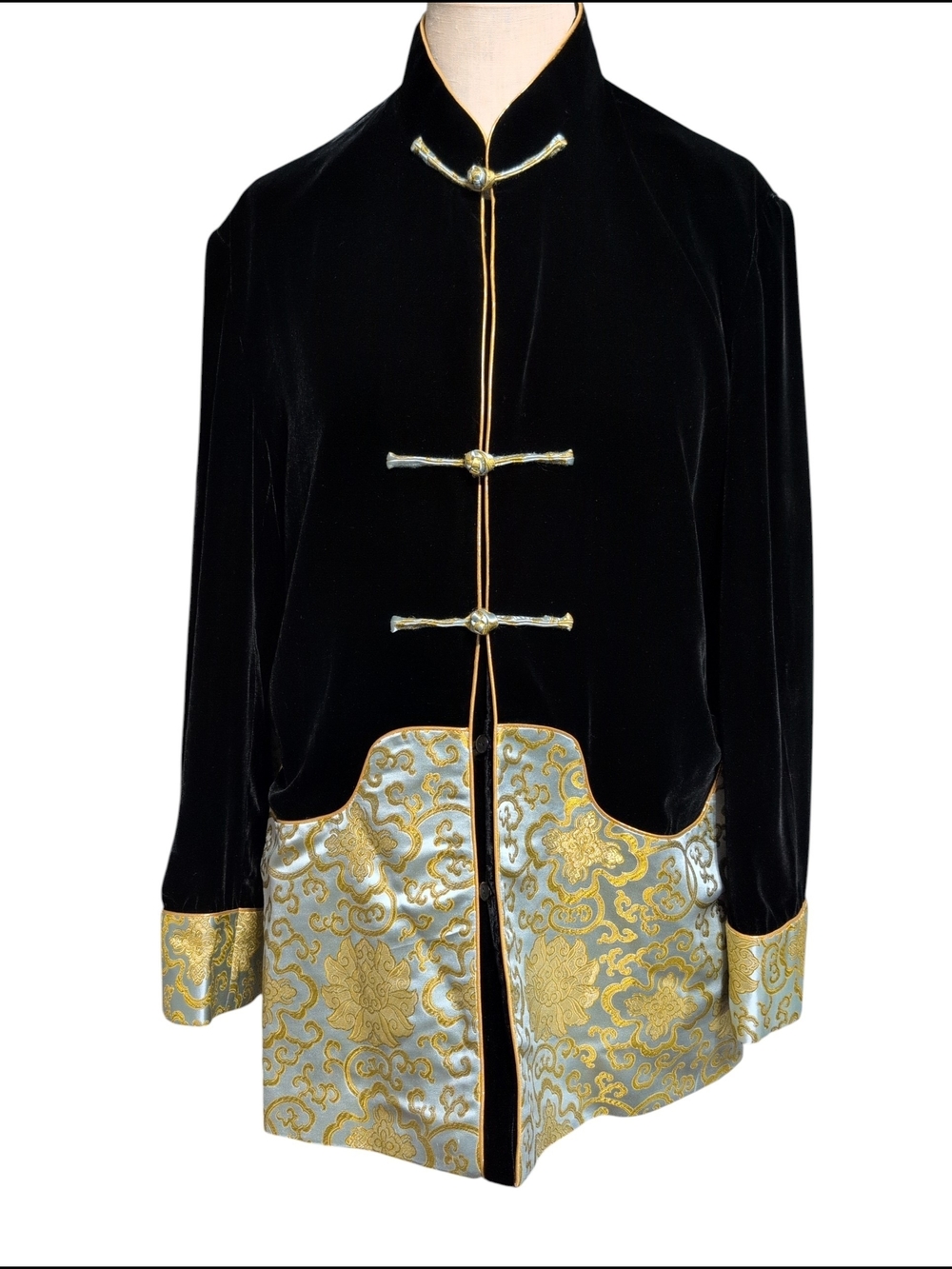 Vintage Silk Black Velvet Mandarin Collar Jacket Old Shanghai Soft Victorian Lg
